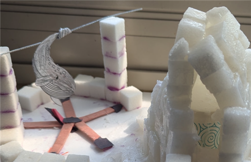  Sugar cube and students makingthings with them, string, water, sugar cubes.
